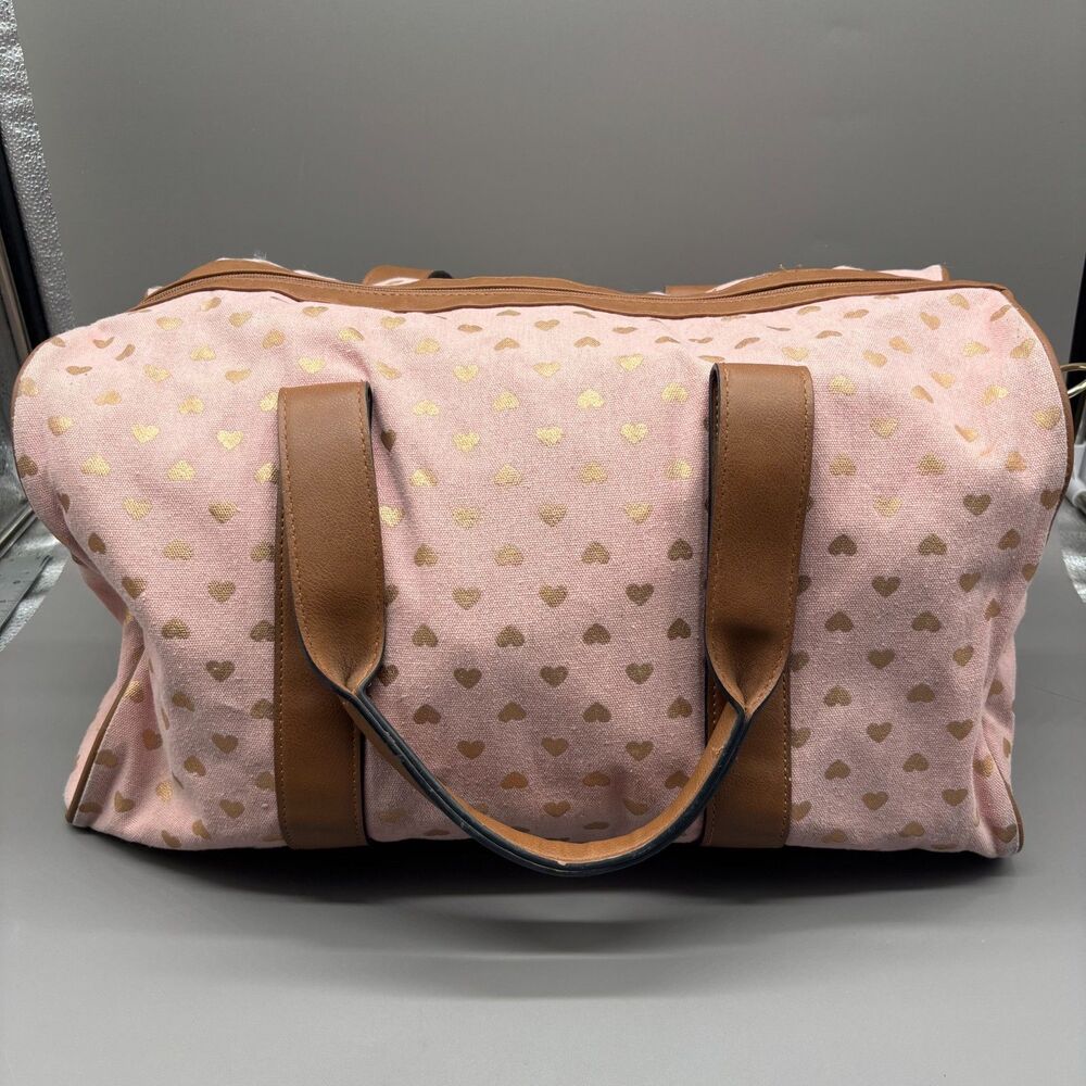 Madden Girl Canvas Weekender Tote Duffle Bag Pink Gold Hearts Brown Straps